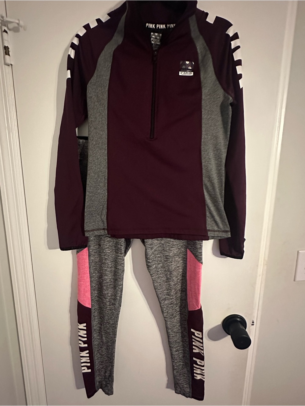 PINK Victoria's Secret Maroon, Gray & Pink Colorblock Legging Set